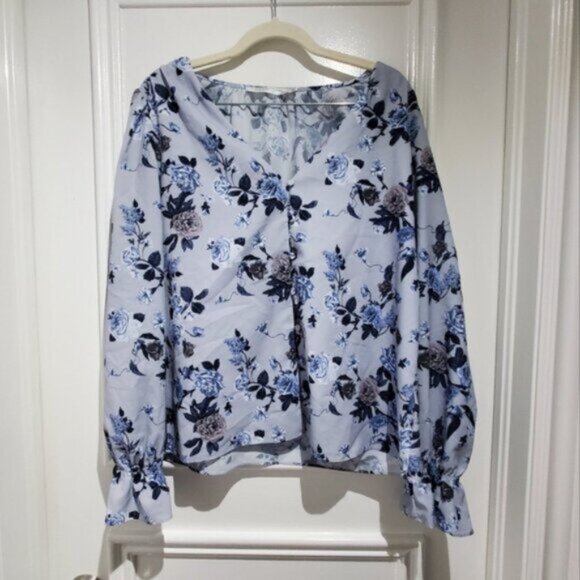 Contemporaine Par Simons- Button Down Boho Chic Loose Floral Poer Sleeved Blouse - Picture 6 of 13